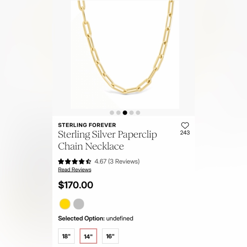 GOLD PLATED STERLING SILVER PAPERCLIP CHAIN NECKLACE NWT